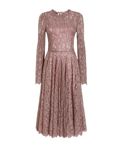 Dolce & Gabbana Long-sleeve Lace Midi Dress In Brown
