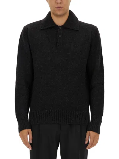 Dolce & Gabbana Long-sleeved Wool Polo-shirt With Embroidered Logo For Men In Black