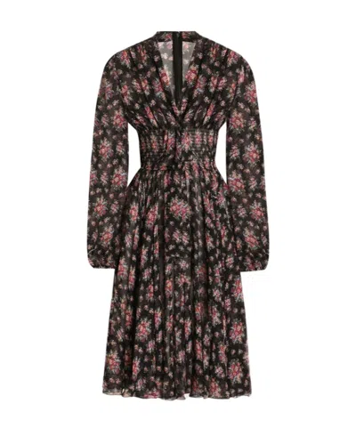 Dolce & Gabbana Small Flower Bouquets-print Chiffon Dress In Black