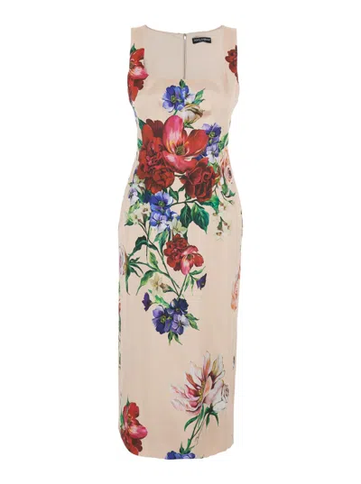 Dolce & Gabbana Flower Print Satin Sheath Longuette Dress In Animal Print