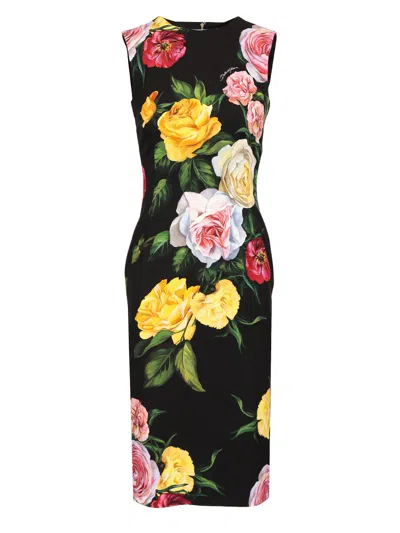 Dolce & Gabbana Longuette Dress With Floral Print Dresses Multicolor In Black