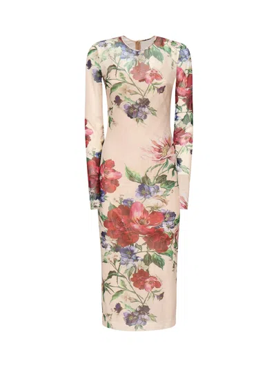 Dolce & Gabbana Longuette Dress With Flower Print In Beige