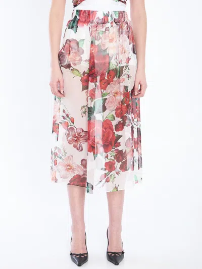 Dolce & Gabbana Longuette Skirt With Rose Print In Red