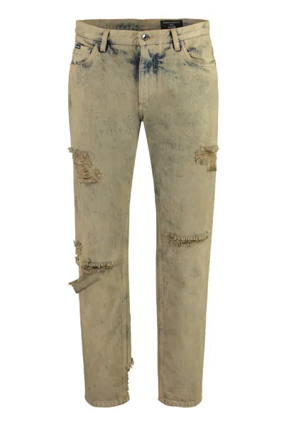 Dolce & Gabbana Overdyed Loose Fit Stretch Jeans With Rips In Beige