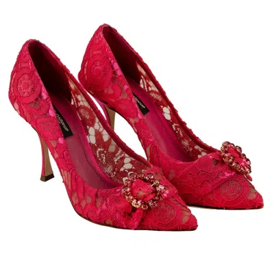 Pre-owned Dolce & Gabbana Lori Crystal Brooch Taormina Lace Pumps Heels Shoes Pink