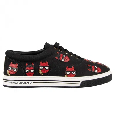 Pre-owned Dolce & Gabbana Low-top Canvas Sneaker Roma With Designer Embroidery Black 09556