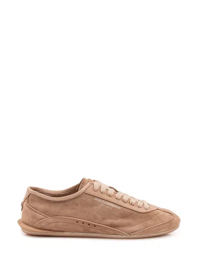Dolce & Gabbana Low Velvet Sneaker In Premium Lamb & Veal Leather In Brown