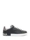 Dolce & Gabbana Portofino Sneakers In Black Leather With Silver Inserts In Black