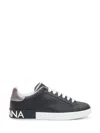 Dolce & Gabbana Portofino Sneakers In Black Leather With Silver Inserts In Black