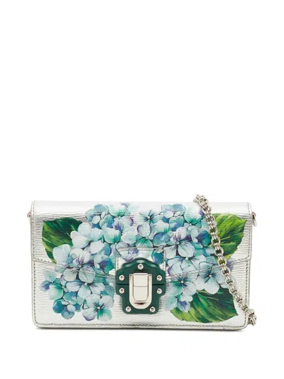 Pre-owned Dolce & Gabbana Lucia Floral-print On-chain Wallet In Silver