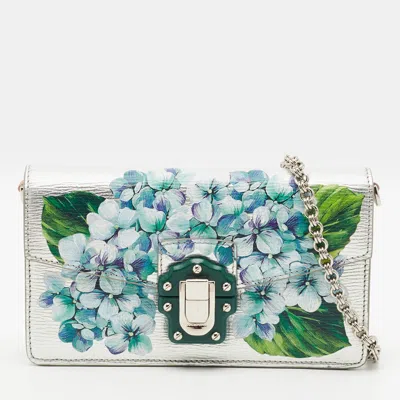 Pre-owned Dolce & Gabbana Lucia Silver Floral Print Leather Wallet On Chain