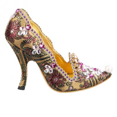 Pre-owned Dolce & Gabbana Lurex Jacquard Crystals Pumps Heels Aladino Gold Pink 09035