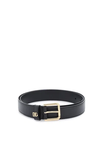 Dolce & Gabbana Luxurious Leather Belt With Gold Dg Logo Detail For Women In Black