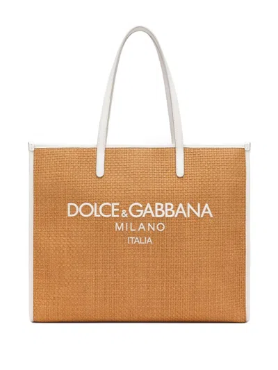 Dolce & Gabbana Large Shopping Woven Tote Bag In Tan