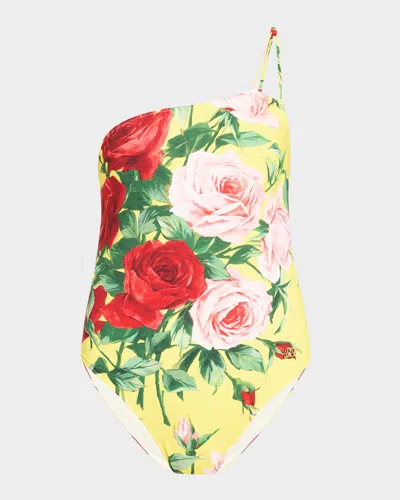 DOLCE & GABBANA LYCRA ST. BOUQUET ASYMMETRIC ONE-PIECE SWIMSUIT