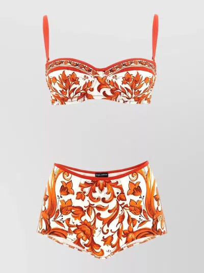 Dolce & Gabbana Maiolica Bikini Set Floral High Waist In Orange