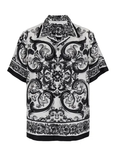 Dolce & Gabbana Maiolica Black And White Bowling Shirt With Cuban Collar And All-over Print In Silk Man