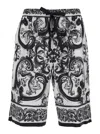 Dolce & Gabbana Maiolica Black And White Shorts With Elastic Drawstring Closure And All-over Print In Silk Man In Black