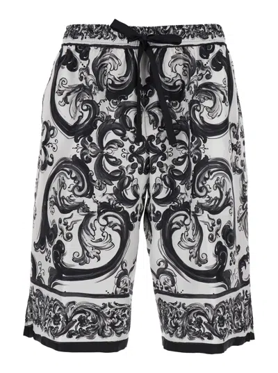 Dolce & Gabbana Maiolica Black And White Shorts With Elastic Drawstring Closure And All-over Print In Silk Man