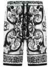 Dolce & Gabbana Maiolica Black And White Shorts With Elastic Drawstring Closure And All-over Print In Silk Man In Black