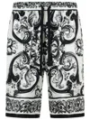 Dolce & Gabbana Maiolica Black And White Shorts With Elastic Drawstring Closure And All-over Print In Silk Man In Black