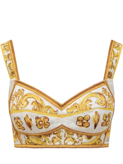 Dolce & Gabbana Cotton Poplin Corset Crop Top With Majolica Print In Yellow