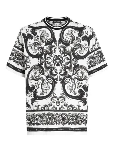 Dolce & Gabbana Men Black And White Crewneck T-shirt With All-over Graphic Print In Cotton Man In Multi