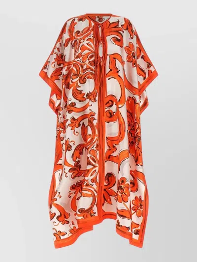 Dolce & Gabbana Maiolica Dress Floral Motif Tie Neckline In Orange