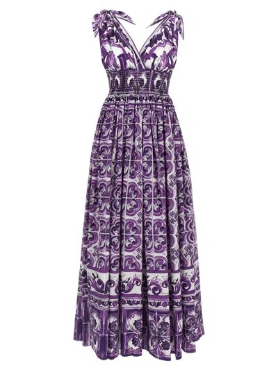 Dolce & Gabbana Smocked V-neck Maxi Dress With Tie Straps In Multi
