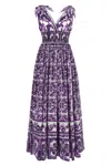 Dolce & Gabbana Smocked V-neck Maxi Dress With Tie Straps In Purple