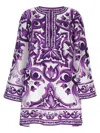 Dolce & Gabbana Majolica Silk Twill Long-sleeve Mini Shift Dress In Purple