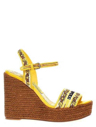 Dolce & Gabbana Maiolica Embroidered Wedge Sandals In Yellow