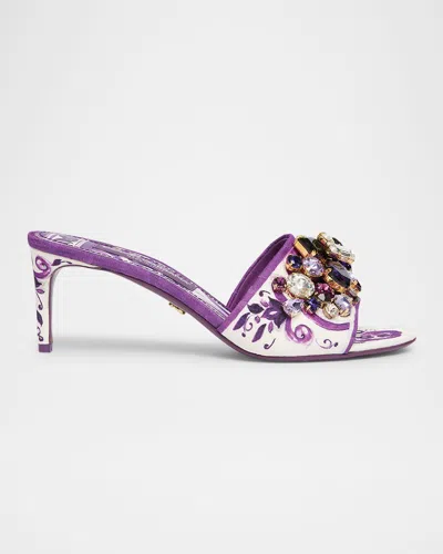 Dolce & Gabbana Maiolica Jeweled Printed Slide Sandals