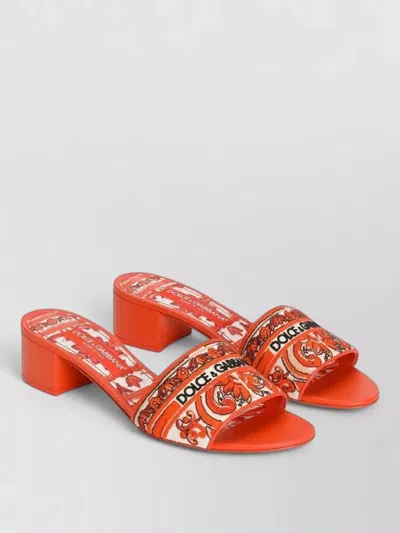 Dolce & Gabbana Maiolica Pattern Mules Block Heel Open Toe In Orange