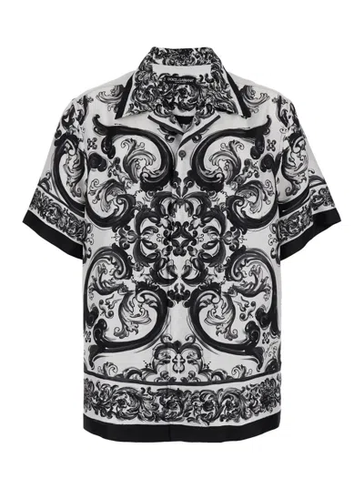 DOLCE & GABBANA 'MAIOLICA' BLACK AND WHITE BOWLING SHIRT WITH CUBAN COLLAR AND ALL-OVER PRINT IN SILK MAN