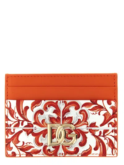 Dolce & Gabbana Maiolica Print Calf Leather Card Case In Orange