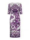 Dolce & Gabbana Violet Crewneck Dress With Rear Zip Closure And All-over Floral Print In Silk Stretch Woman In Purple