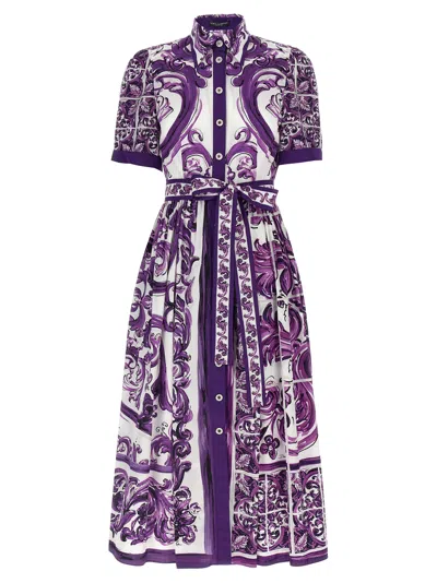 Dolce & Gabbana Poplin Shirt Dress With Maiolica Print In Purple