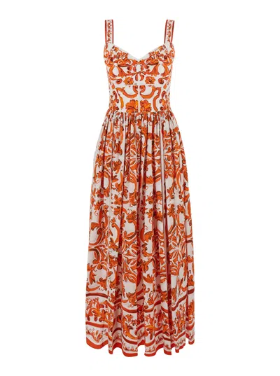 Dolce & Gabbana Maiolica Print Cotton Maxi Dress In Orange