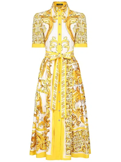 Dolce & Gabbana Maiolica Print Cotton Midi Dress In Yellow