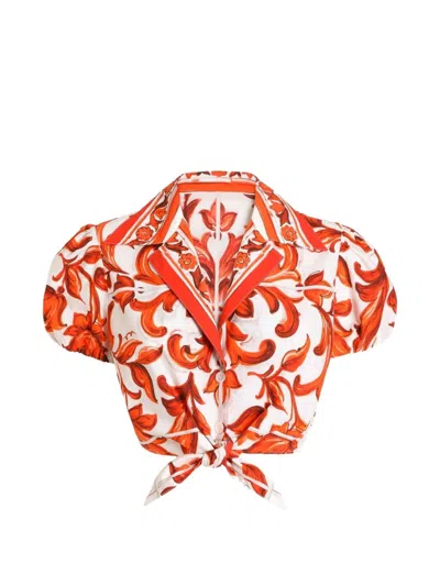 Dolce & Gabbana Maiolica Print Cotton Shirt In Orange
