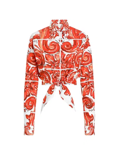 Dolce & Gabbana Maiolica Print Cotton Shirt In Orange