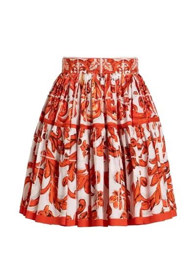 Dolce & Gabbana Maiolica Print Cotton Skirt In Brown