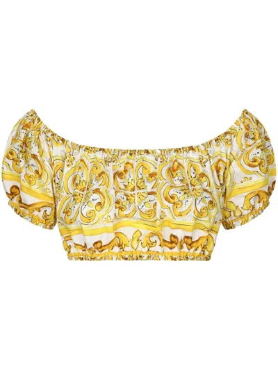 Dolce & Gabbana Cotton Poplin Crop Top With Majolica Print In Yellow
