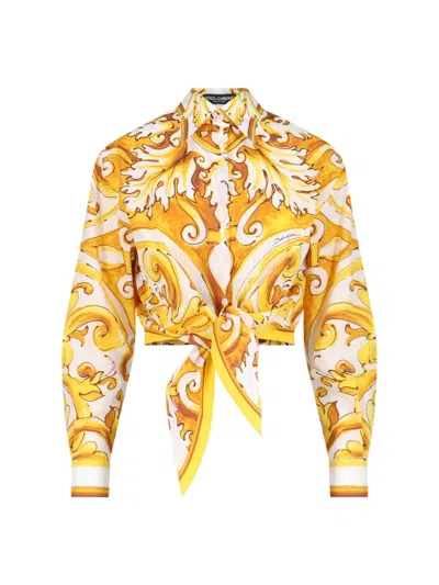 Dolce & Gabbana Camicia Cropped Stampa Maiolica In Yellow