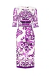 Dolce & Gabbana Violet Crewneck Dress With Rear Zip Closure And All-over Floral Print In Silk Stretch Woman