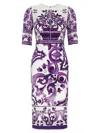 Dolce & Gabbana Violet Crewneck Dress With Rear Zip Closure And All-over Floral Print In Silk Stretch Woman In Purple