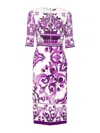 Dolce & Gabbana Violet Crewneck Dress With Rear Zip Closure And All-over Floral Print In Silk Stretch Woman