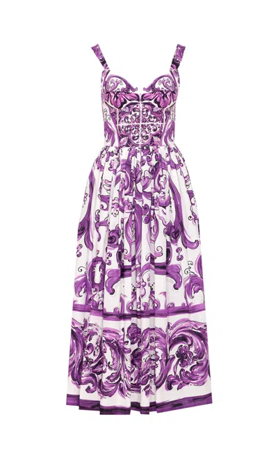 Dolce & Gabbana Long Poplin Dress With Majolica Print Dolce E Gabbana In Multi