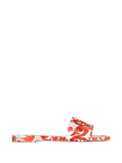 Dolce & Gabbana Maiolica Print Flat Sandals In Orange